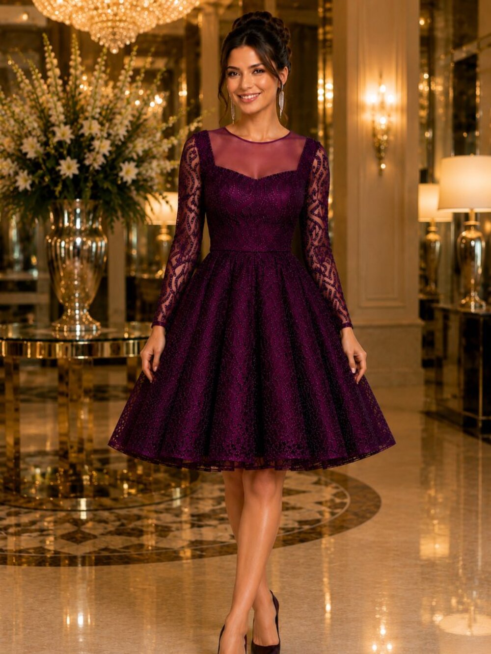 Luxury Plum Lace Cocktail Dress | Elegant Wedding Guest A-Line Party Dress | Lon